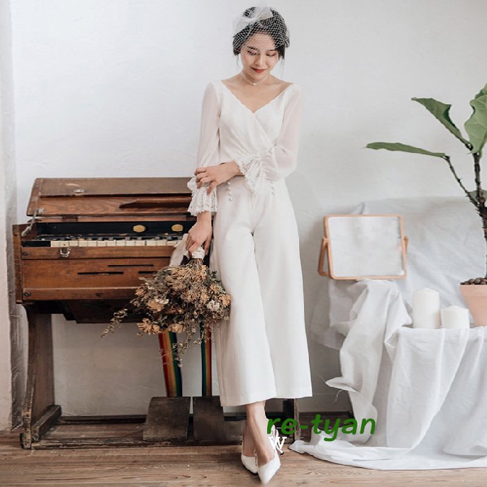 ウエディングドレス レース 二次会 スレンダー 2次会 結婚式 撮影 パンツドレス前撮り袖付き 花嫁 袖あり Vネック フォト 海外パーティードレス パンツ おしゃれ