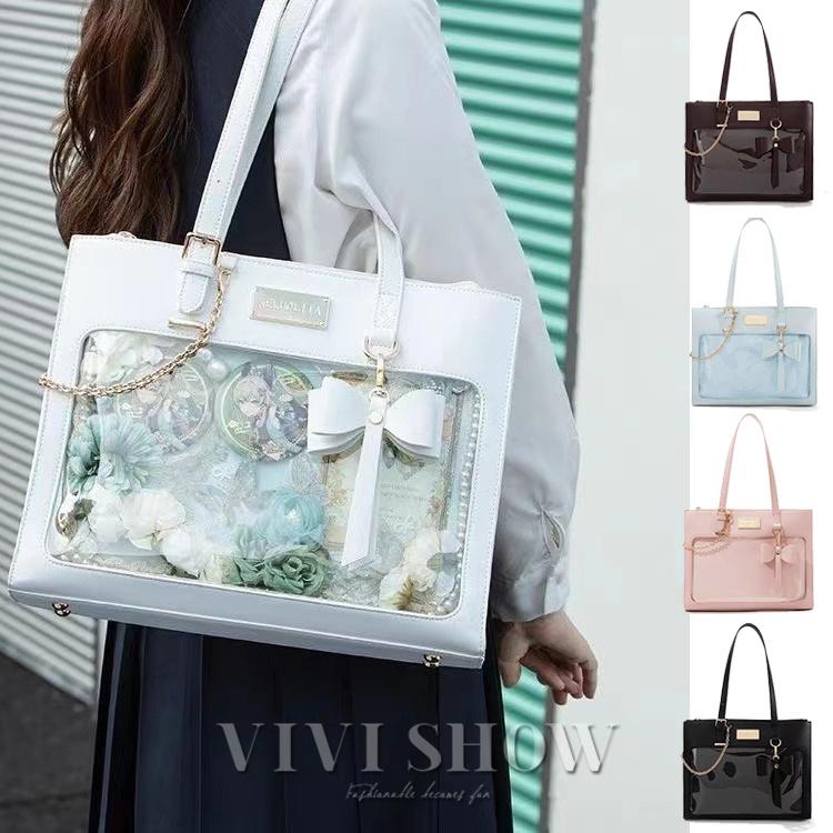 【赤字開催】ショルダーバッグ 透カバン レディース 女性 かばん 鞄 透明 クリア ポケット付き 大容量 オタ活 推し活 痛バ リボン 無地 シンプル シルバーカ