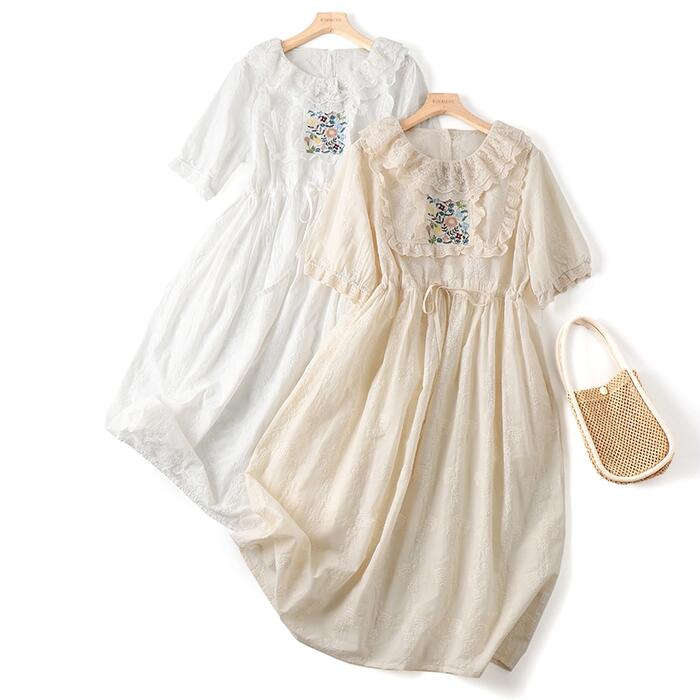 【急速出荷】ロング ワンピース レディース 半袖 刺繍レース コットン 森ガール 花柄 夏新作 ロングワンピース コラウンドネック コットン エレガント クラシック シースルー 透け 綿100% 天然