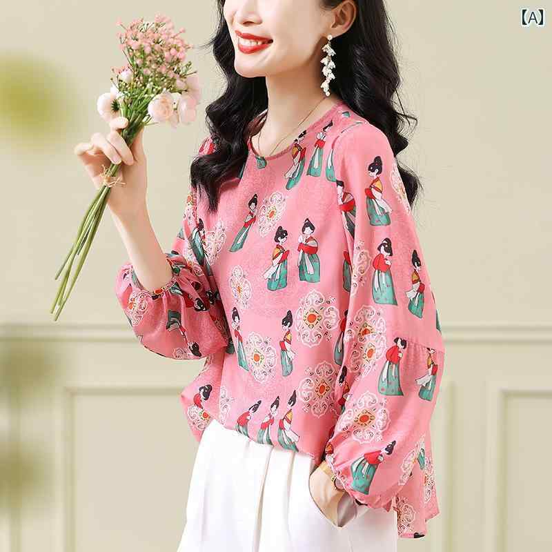 トップス ブラウス 柄物 レディース 透け感 レトロ モダン カジュアル プリント レディース ピンク 薄手 16,835円