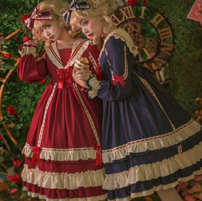長袖ワンピース ロリータ服 ドレス フリルロリータ風ワンピ ロリータワンピース ゴシックロリータドレス 膝丈 ミモレ丈 可愛い お姫様 ドレス リボン Lolita Dress森ガールメイドドレス姫様