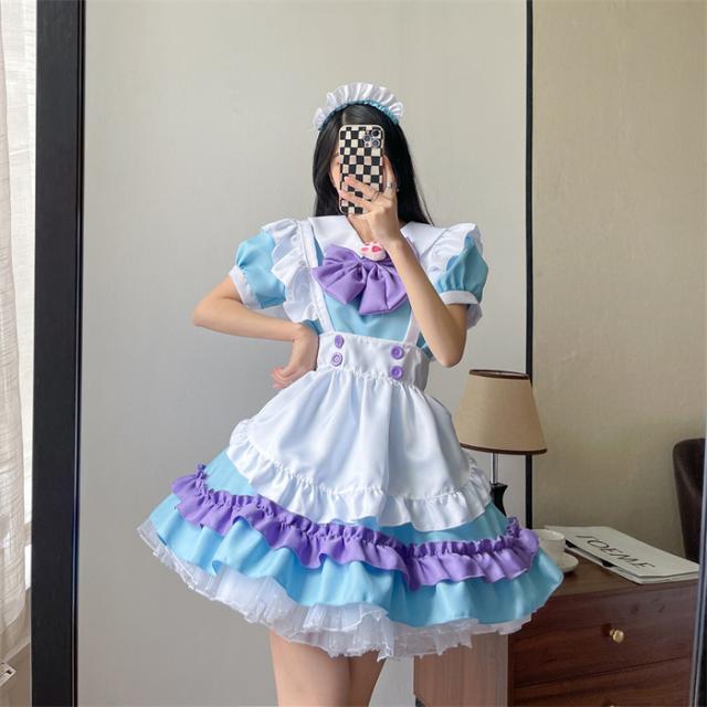 メイド服 ロリィタ ロリータ ワンピース コスチューム 飾り付き エプロン リボン 猫爪 ねこ 文化祭 学園祭 メイドカフェ Lolita コスプレ衣装 アニメ 可愛い ブルー パープル オーバーサイ