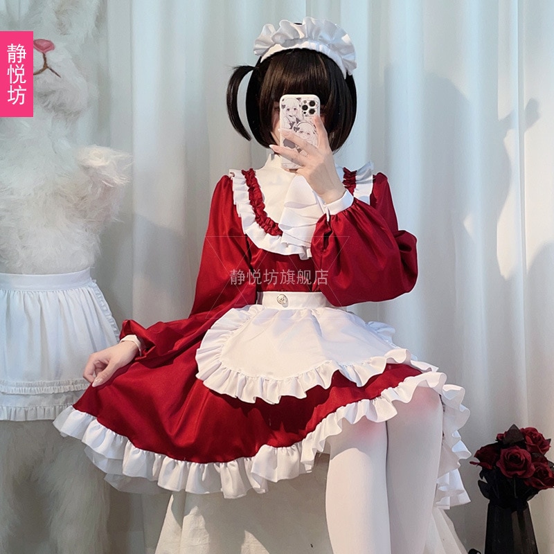日本の秋葉原キャットウーマン赤いメイド衣装長袖アニメコスプレ宮殿コスロリータドレス