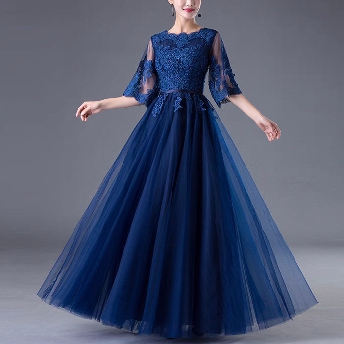 ドレス ワンピース パーティー 披露宴 演奏会 発表会 ステージ 舞台 ダンス 衣装 コスプレ コスチューム 演劇 マキシ 5分袖 プリンセスライン Aライン レース 刺繍 切り替えデザイン