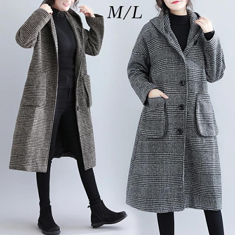 グレンチェックチェスターコートコートレディース秋冬ロングコート千鳥柄トレンチコートチェスターコートアウター大きいサイズ帽子付き