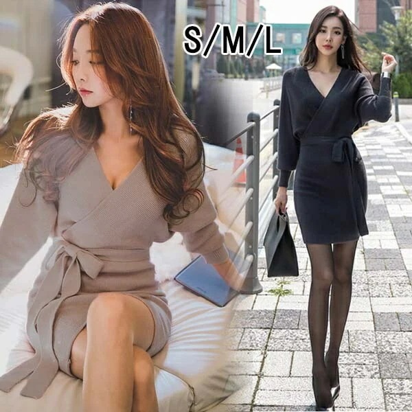 春 ニット ワンピース 秋冬 長袖 きれいめ ひざ丈 レディース ニットワンピース 冬物 暖かい ニットワンピ タイト セクシー Vネック レディース 秋 冬 ニットワンピース ミニ丈 デート服 ワン