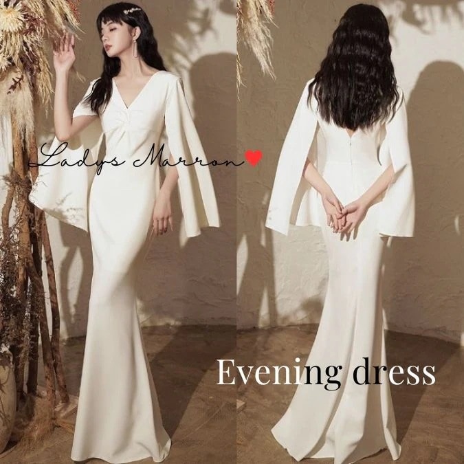 【急速出荷 2025年新作】イブニングドレス ケープドレス ポンチョ パーティードレス 個性的 ケープ風 演奏会ドレス 結婚式 お呼ばれ 白 衣装 舞台 ステージ お呼ばれ服 マーメイド レディース