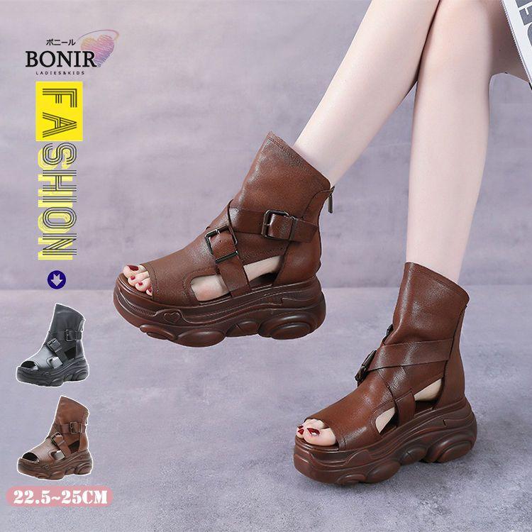 新品登場 ブーツサンダル 牛革サンダル レディース 夏ブーツ サマーブーツ 本革 サンダル 厚底サンダル ウェッジソール バックジッパー おしゃれ 靴 黒 ブラック ブラウン30パーセント限定