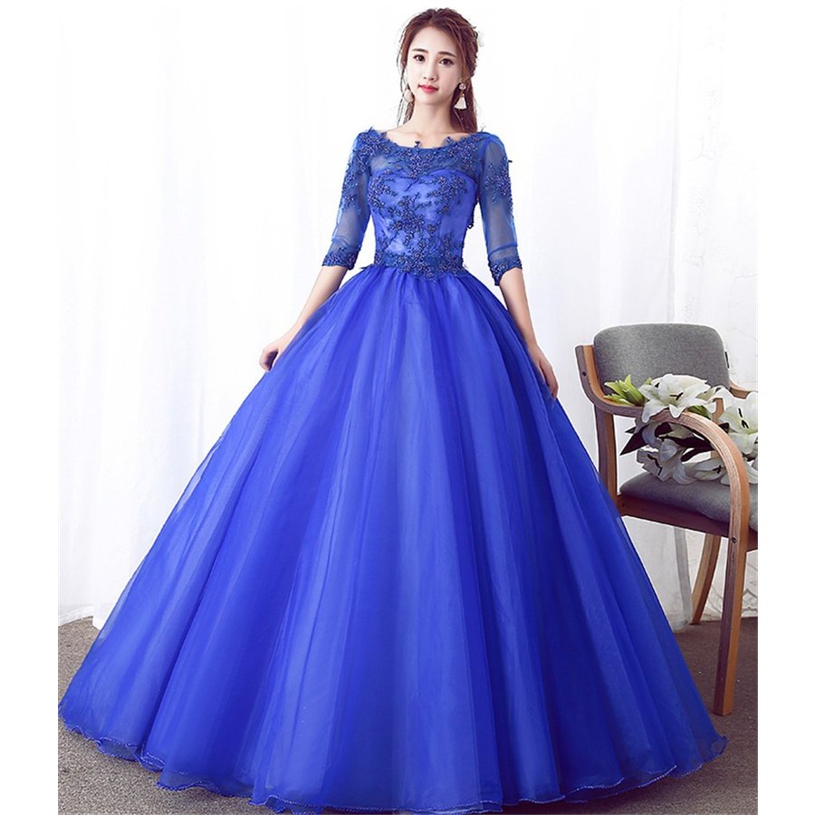 パーティドレス ウェディングドレス 演奏会用ロングドレス カラードレス Ａライン 大きいサイズ ブルー 10,170円