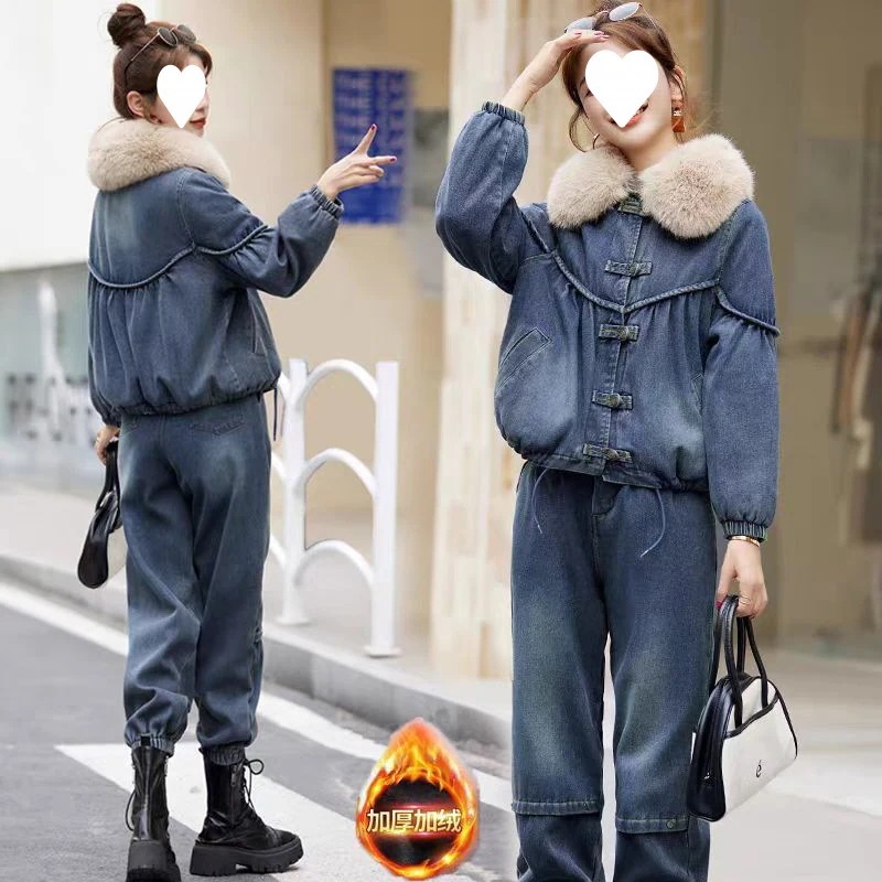 女性用のヨーロッパ風のレトロなデニムジャケット裏地はフリースで厚みがあり新しい冬のカジュアルでファッショナブルな綿入りコート/コート