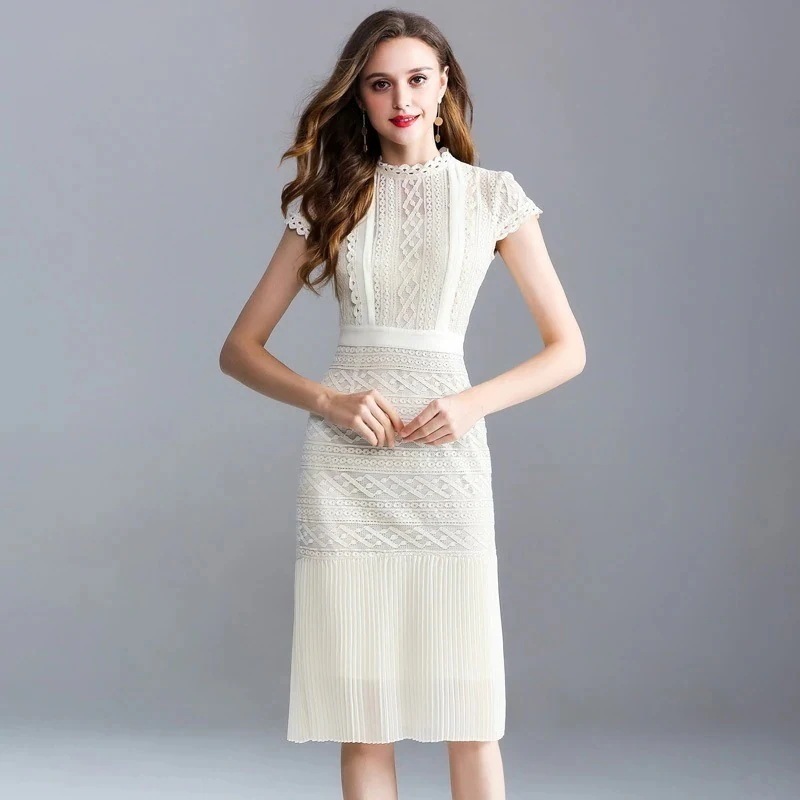 夏ワンピース 立て衿 レース プリーツ タイトスカート 無地 着痩せ 大人 エレガント タイト