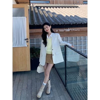 MULVAN黒のコートの女性春秋高級感肩クッションゆったりした雰囲気のカジュアルな長袖スーツです