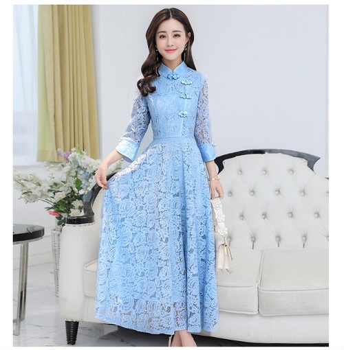 A1101.チャイナドレス風シースルーレースフレアワンピース（ブルー）2019 春夏 sale ドレス エレガント お呼ばれ 結婚式 披露宴 パーティー 女子会 レストラン デート