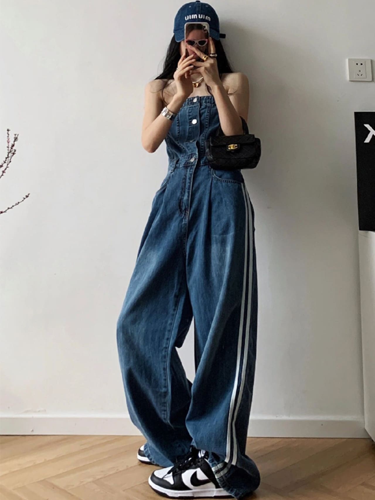 サイドラインデニムベアオールインワン チューブトップデニムジャンプスーツ デニム ベア ジャンプスーツ オーバーオール コンビネゾン オールインワン ベルボトム つなぎ セクシー ベアトップ カジュア