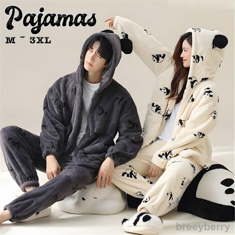 【即納】ペアパジャマ 冬 モコモコ 男女2着 セット 前開き 長袖 パンダ 可愛い フード付き カップル ペア ルームウェア レディース パジャマ ペア 夫婦 もこもこ メンズ