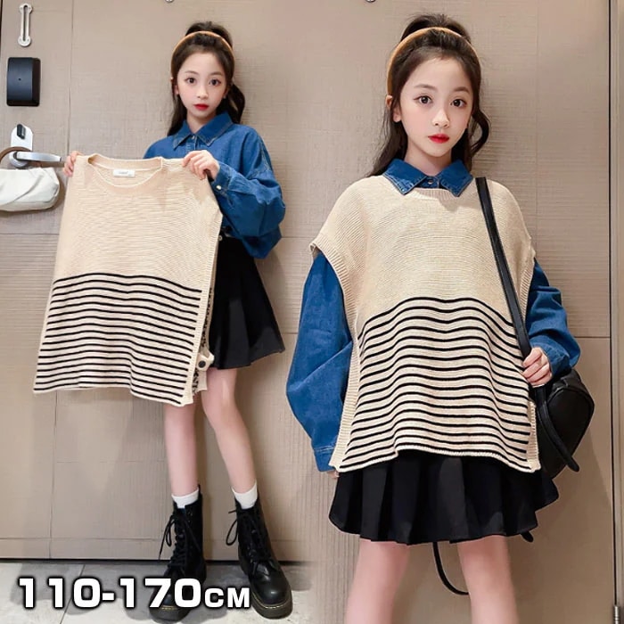 【急速出荷!】デニムシャツ 長袖 子供服 女の子 シャツ ２点セット キッズ トップス カジュアル デニム シャツ キッズ ニート ニートセーター 長袖トップス セットアップ 女の子 2点セット 女の