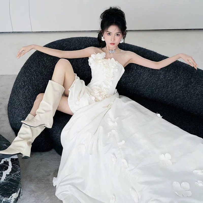 白 ワンピース 披露宴 演奏会 可愛い 二次会 成人式 花嫁 前撮りメガ割 お呼ばれパーティードレス綺麗 花刺繍パーティードレス 結婚式 ウェディングドレス 森の轻 レディース誕生日