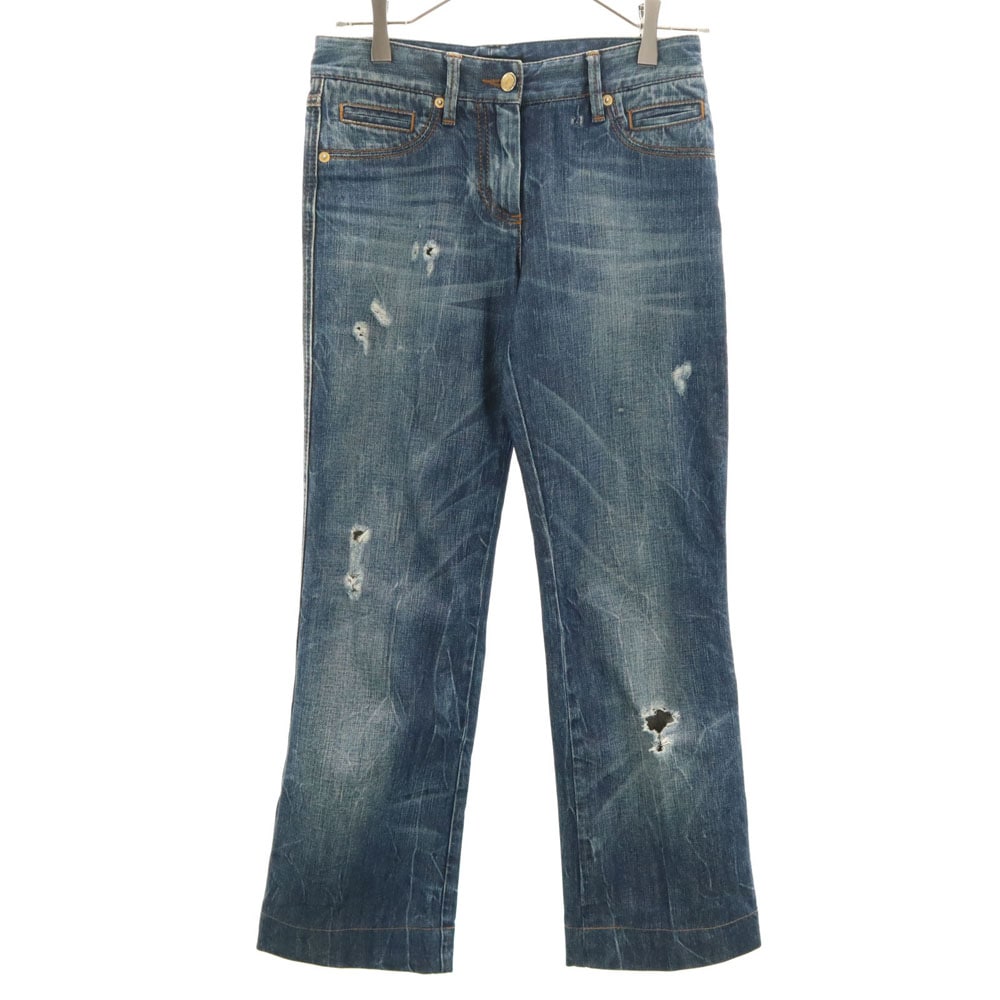 イタリア製 ダメージ加工 フレアデニムパンツ 36 ジーンズ レディース