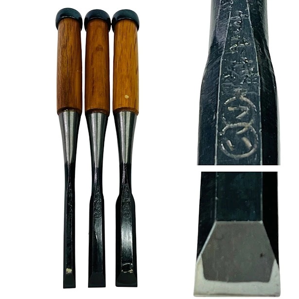【未使用】すみ焼 登録 つつい 鑿 ノミ 3本セット 3分 4分 5分 在銘 ニスコーティング 小錆 筒井 炭焼入れ