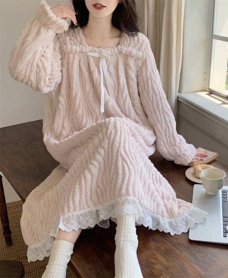 ワンピース ルームウェア パジャマ 部屋着 寝巻き ナイトウェア ミモレ丈 長袖 ラウンドネック モコモコ シンプル 大人可愛い キュート 秋 冬 レディース お出かけ 旅行 普段使い 楽ちん 暖かい