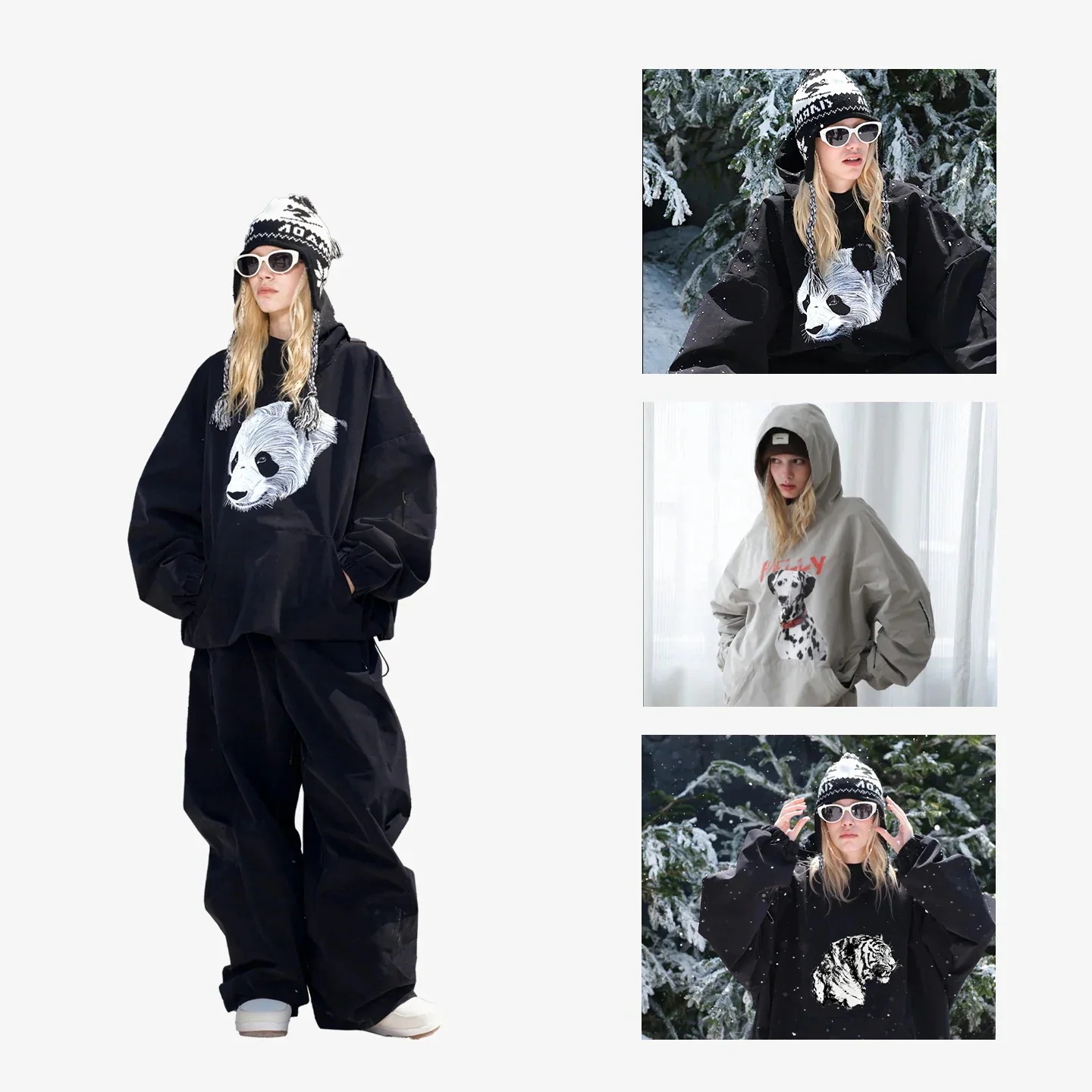 出荷が迅速であるスノーボードウェア 2026 2026 上下セット メンズ レディース 耐水圧2w パーカース パンツ 動物柄 犬柄 タイガー柄 パンダ柄 3L 韓国風 スノボウェア スノーウェア ス