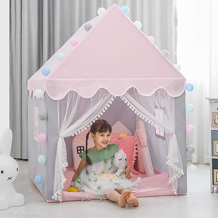 キッズテント お城 子供用テント 簡易テント おもちゃ プリンセスの城型 組み立て簡単 ハウス 室内 折り畳み式 LEDライト お誕生日 室内遊具 おもちゃハウス 秘密基地( ピンク)