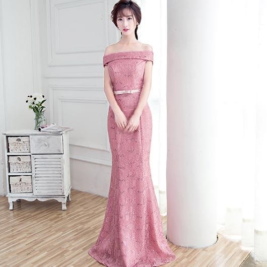 1484. オフショルダーマーメイドドレス（ピンク）結婚式 イブニングドレス オフショルダー 演奏会 ウェディングドレス パーティドレス お呼ばれ 大きいサイズ 2019 春夏 sale