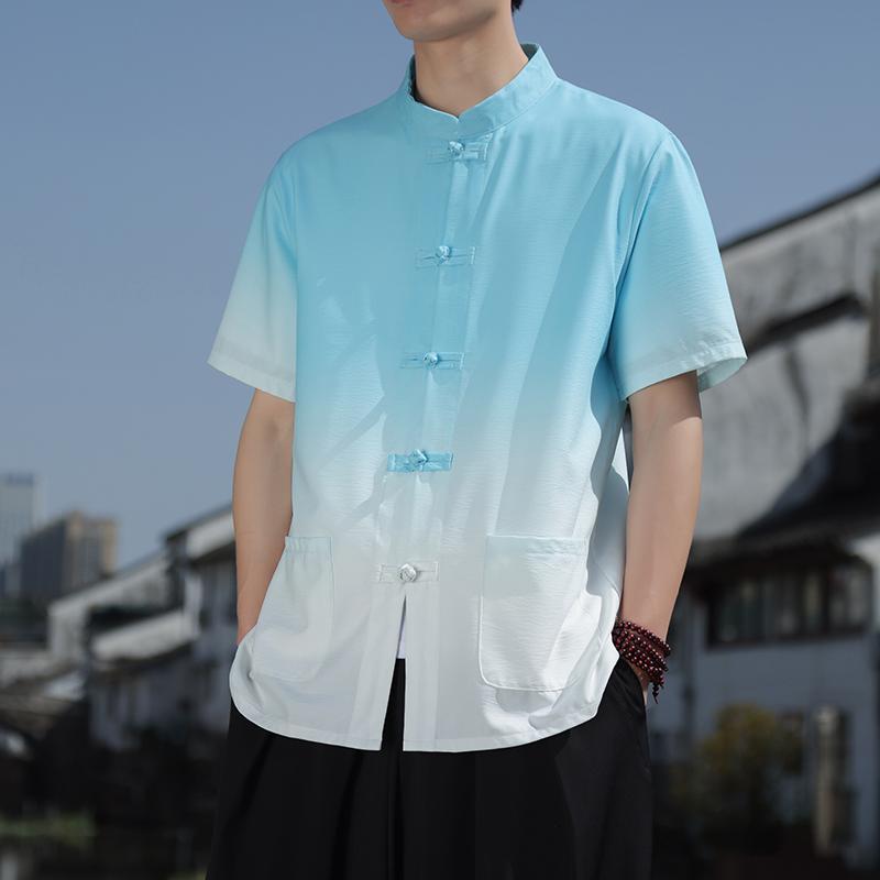 チャイナ シャツ メンズ 中華風 夏 カジュアル レトロ トップス 半袖 5分袖 薄手 無地 グラデーション ブルー ブラック グリーン