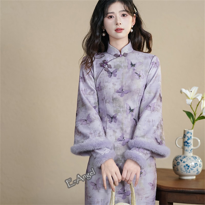 チャイナドレス-コスプレ 紫 蝶柄 ロング 長袖 秋冬 裏起毛ワンピース 改良チャイナドレス スタ
