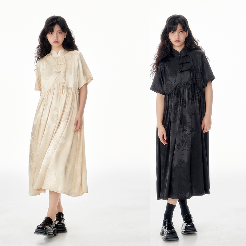 チャイナ風ワンピース 龍紋 スタンドカラー ワンピース ロング シャツワンピース 半袖 フリンジ 改良チャイナドレス 7,089円