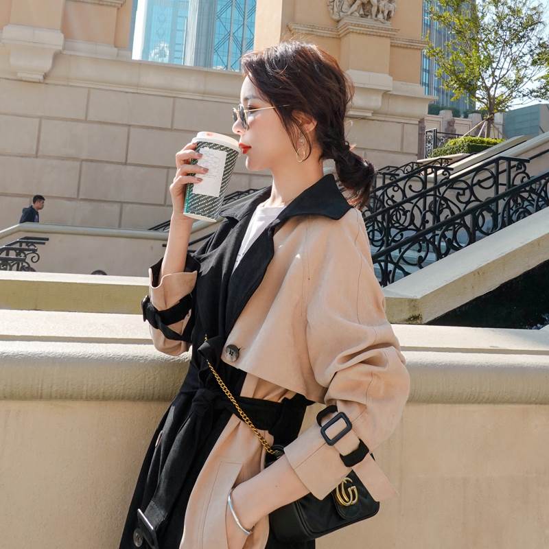 トレンチコート ロングコート アウター レディース 黒 ベージュ ブラック バイカラー 長袖 大人可愛い かっこいい おしゃれ 個性的 カジュアル こなれ感 S M L XL インスタ映え 秋 冬 1