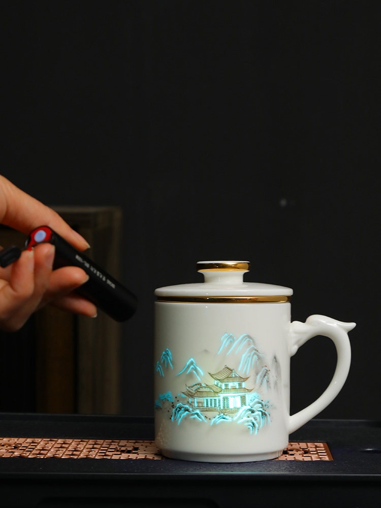 羊脂玉製オフィスカップ蓋付き茶水分離機能付き大容量セラミックマグカップオフィス用お茶用カップ