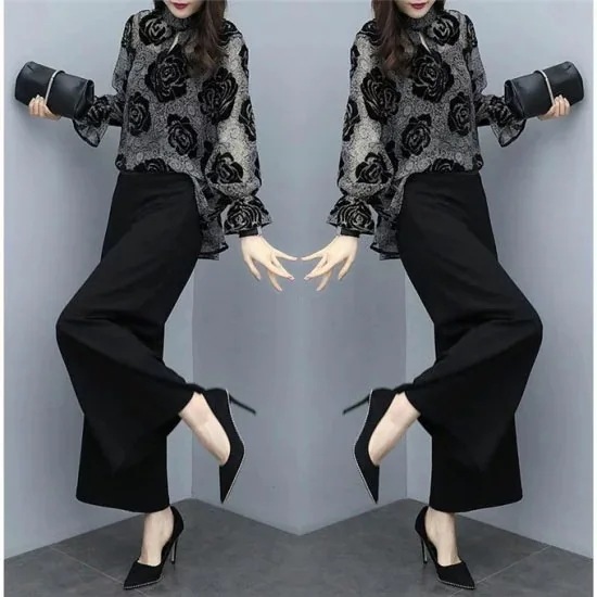 セットアップパーティードレスパンツスタイルパンツドレス大きいサイズロング韓国袖ありワイドパンツトップスシフォンシャツブラウス結婚式二次会フォーマルおよばれ長袖薔薇柄レディース大人ミセス上品体型カバー母