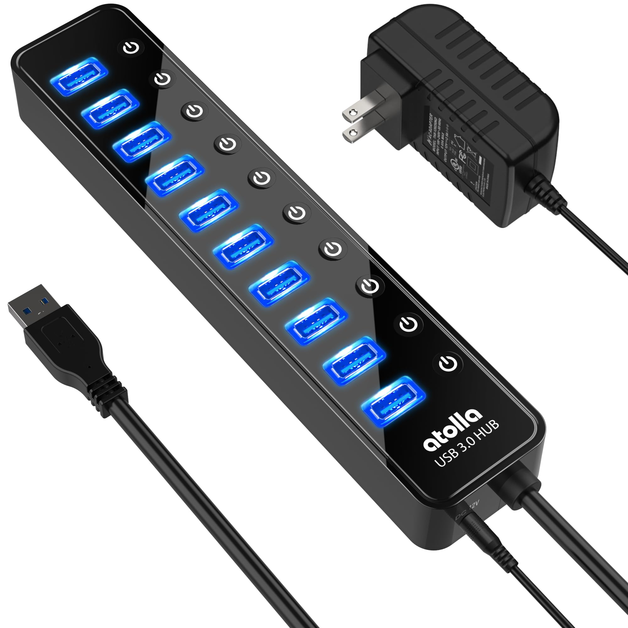 USB3.0ハブ 電源付き atolla USB ハブ 10ポート USBハブ セルフパワー/バスパワー USB Hub 5Gbps高速データ伝送 USB3.0 拡張 独立スイッチ付き 12V/2.5