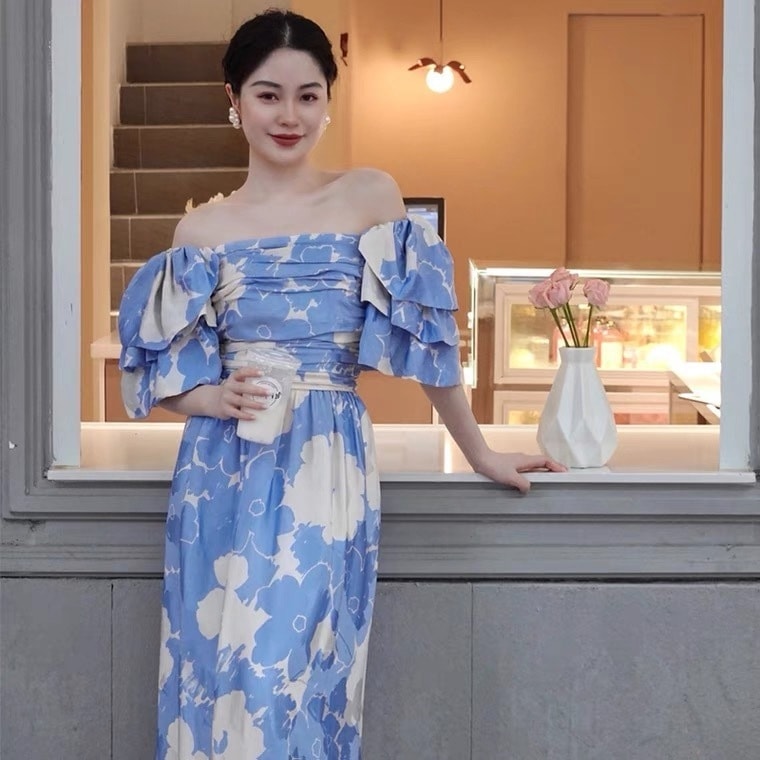 ワンピース ロング ロング丈 マキシ マキシ丈 袖あり スクエアネック オフショルダー オフショル ストレート Iライン かわいい 大人可愛い きれいめ 大人 上品 おしゃれ レトロ 大人女子