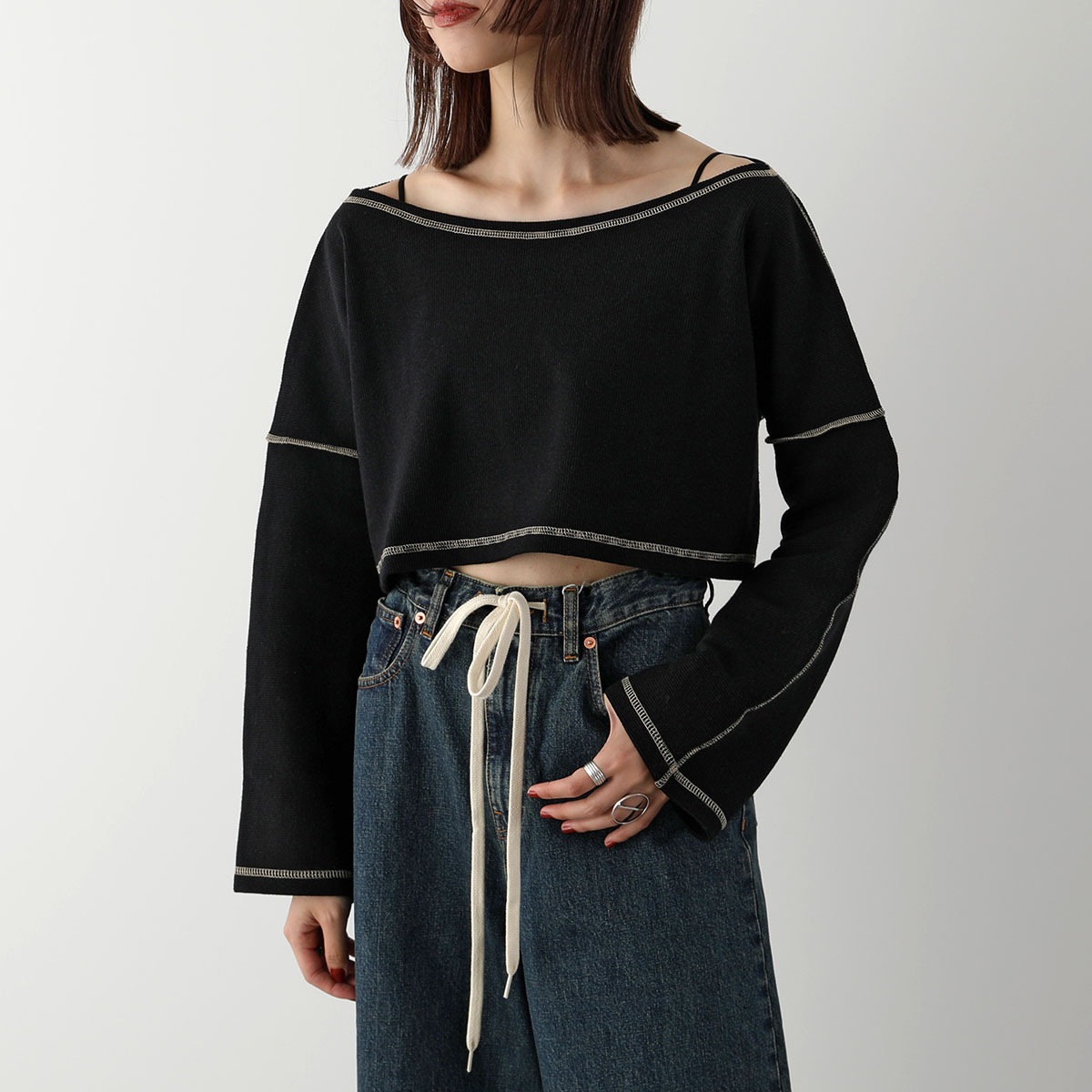 BASERANGE ベースレンジ セーター CAMER PULLOVER FCPU RIB WI23 レディース リブ コットンニット 長袖 ショート丈 BLACK