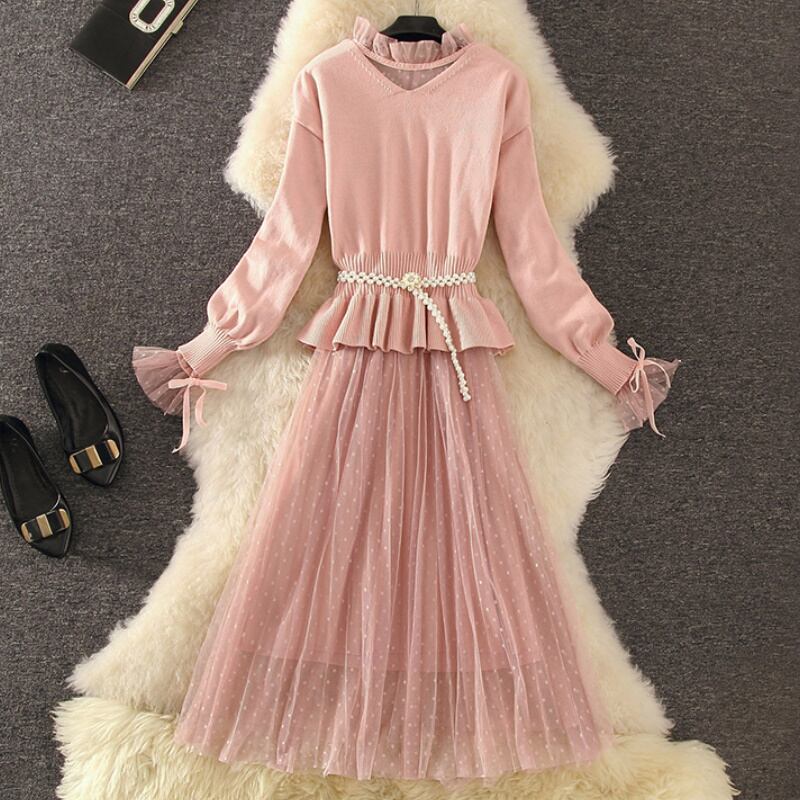 2color レディース ワンピース ニット ピンク ブラック ゆったり 秋冬 秋 112