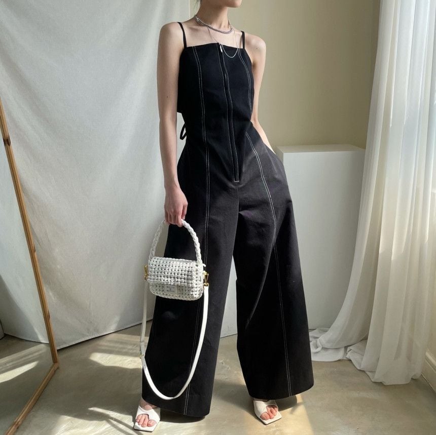 ボトムス オールインワン サロペット ワイドパンツ 袖なし ノースリーブ 細身 ストレート ワイド