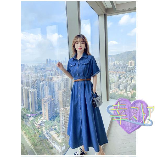 ワンピース デニム シャツ 夏 半袖 Aライン 前開き お出かけ ポケット付き おしゃれ ジーンズ レディース 体型カバー 着痩せ デート カジュアル キレイめ
