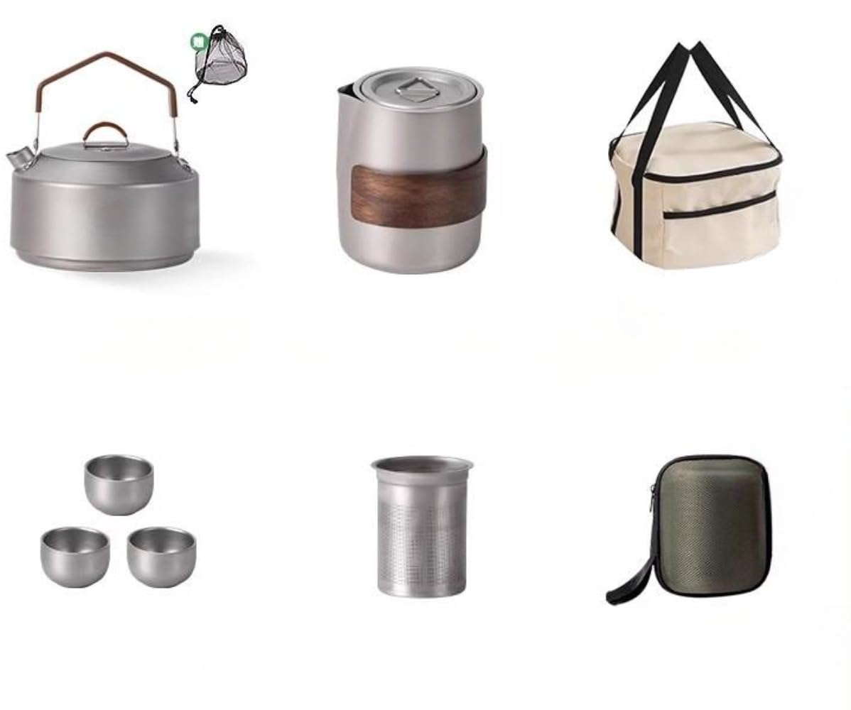 AZIEBAアウトドアケトルキャンプティーセットポータブルティーポットお茶の醸造専用ステンレススチール旅行ティーセット合金 (チタン合金製ティーセット + 1.2L チタン合金製ケトル + 収納バッグ