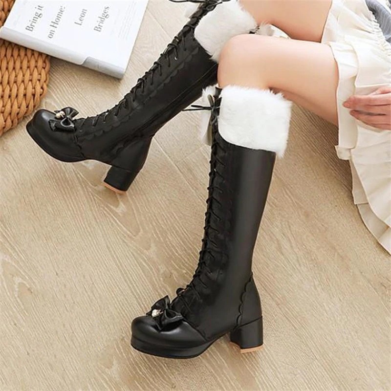 可愛いロングブーツロングブーツファー大きいサイズ黒 ニーハイブーツレディースブーティーレースア 長靴