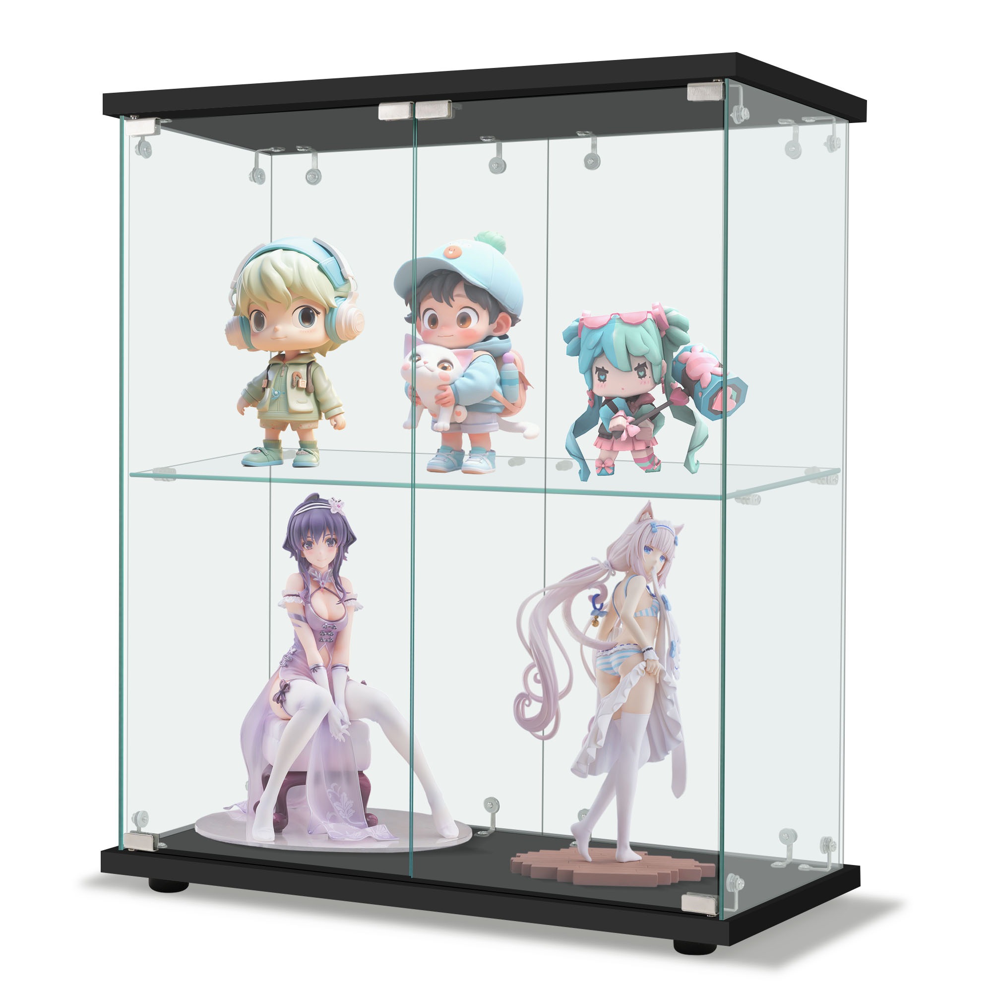 【国内出荷】コレクションケース 両扉タイプ 大型 ワイドタイプ ガラスディスプレイキャビネット フィギュアケース 2段 強化ガラス 全面ガラス サイズ:幅80.5×奥行36.5×高さ86cm ブラック