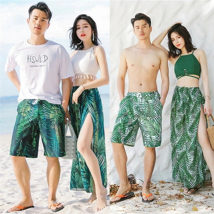 あす楽 カップル 水着 ペア水着 ペアルック カップル レディース メンズ 4点セット 花柄パッド付き メンズ 水着 韓国 男性用 ビーチパンツ サーフパンツ みずぎ mizugi ミズギ 男女