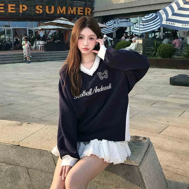 【急速出荷!】25 トップススポーティー 長袖TシャツかわいいK-PP レディースネイビー韓国風衣装ルーズゆったりカジュアルおしゃれサイズ袖グラフィックシルエットファッション系ネック