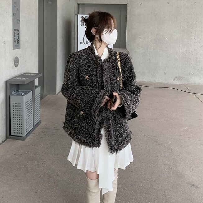 ジャケット アウター 上着 レディース ツイードジャケット 長袖 ボリューム袖 ラウンドネック 襟なし ノーカラー ワイド ストレート Iライン オーバーサイズ フェミニン もこもこ ポケット