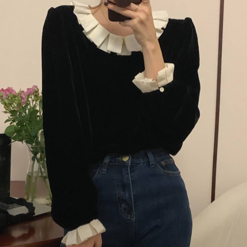 カットソー レディース 長袖 襟付き バイカラー フリル かわいい 大人可愛い きれいめ シンプル カジュアル 無地 春 秋 学生 デート お出かけ オルチャン フリーサイズ ブラック トップス