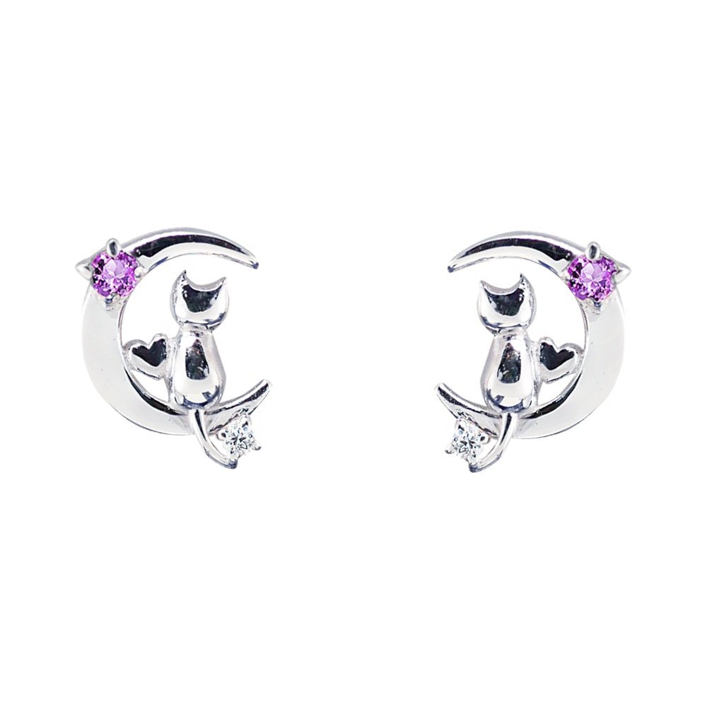 ピアス レディース 猫 三日月 モチーフ シルバー 選べる 誕生石 (2月 アメジスト)