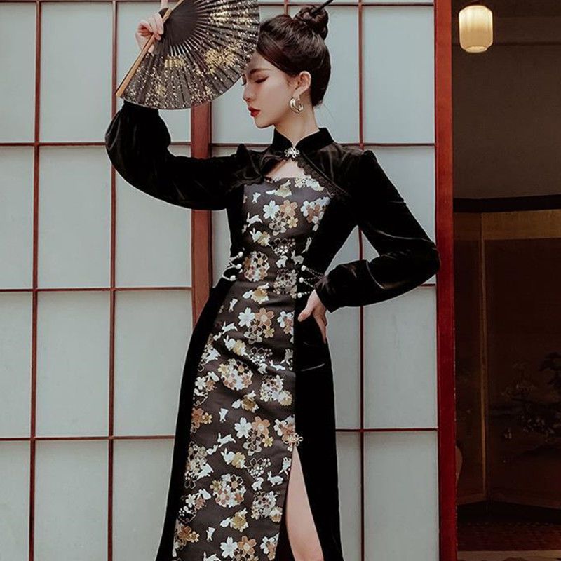 中華民国のデザインセンスの金のベルベットドレスのチャイナドレスの女の子のハイエンドな秋冬スタイルの改良版 母の日 母の日-0008568