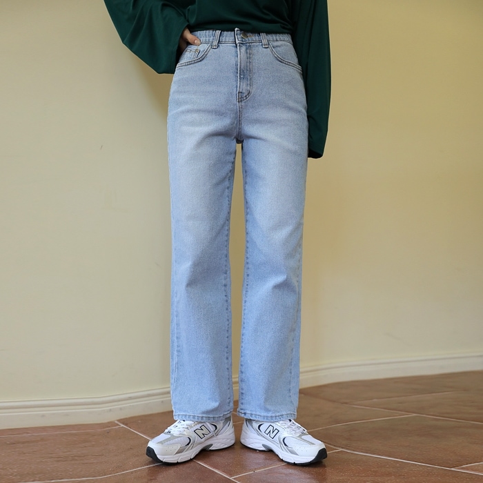 [韓国ファッション] 隠しウエストゴム ゆるシルエット ストレートデニムパンツ