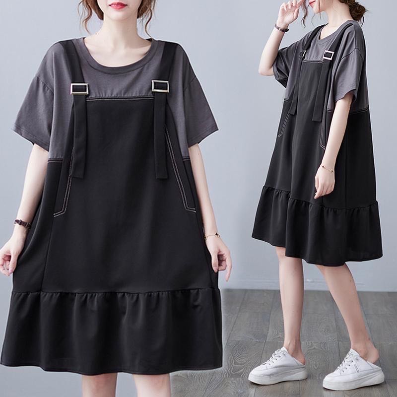 【3日出荷】Tシャツワンピース 夏 重ね着風 ゆったり 重ね着風ワンピース 夏 サロペットワンピース 夏のワンピース オシャレワンピース ゆっ